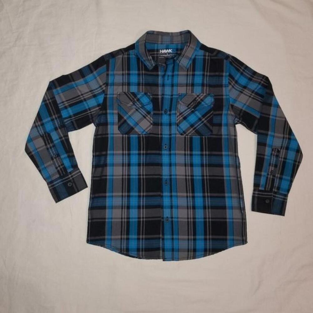 Hawk Youth Blue, Black, and Gray Plaid Long Sleeve Shirt Size Medium